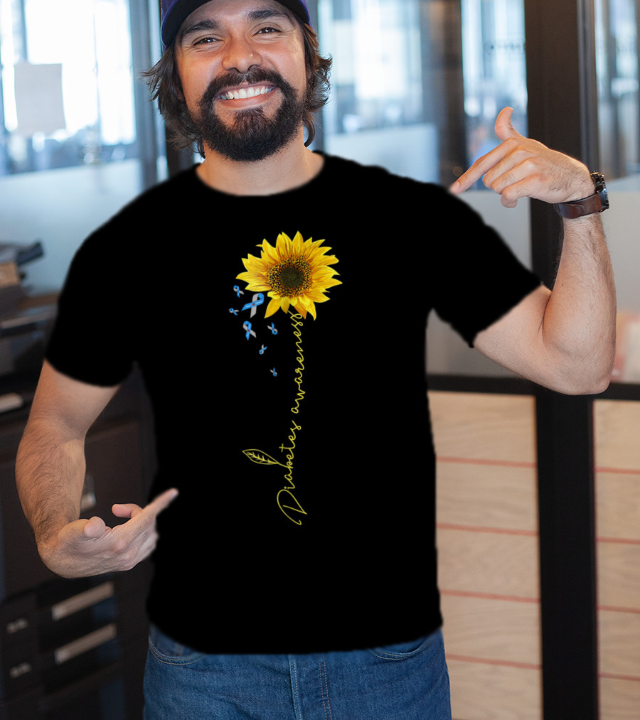 Diabetes Awareness Sunflower With Blue Ribbons T-Shirt