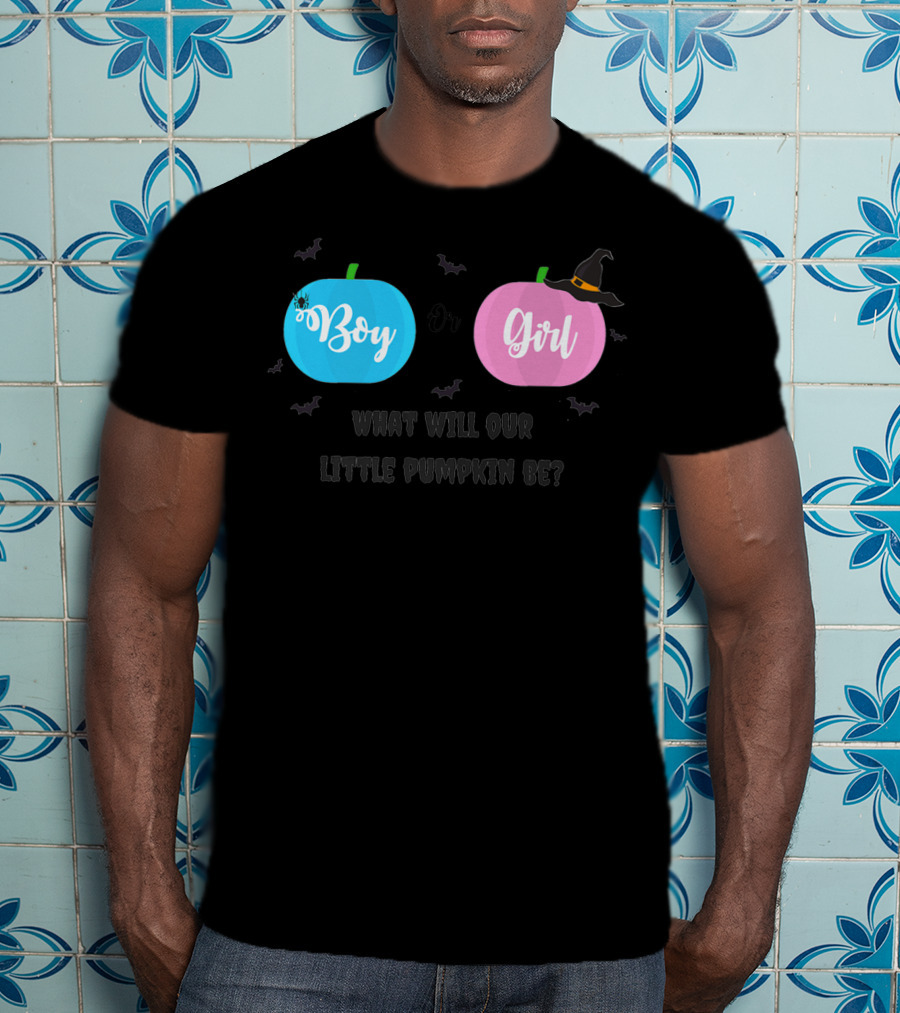Boy Or Girl Halloween Gender Reveal What Will Our Little Pumpkin Be Dad Brother Sister78 T-Shirt