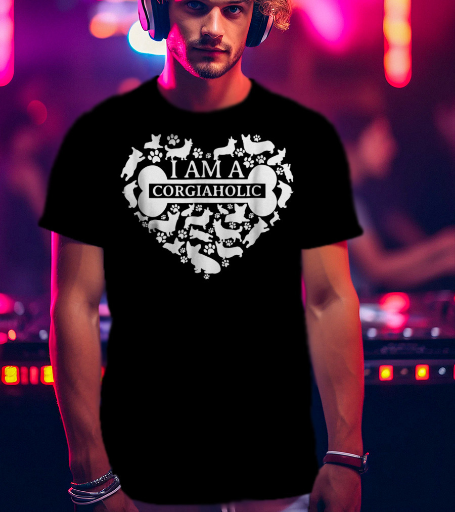 I Am A Corgiaholic Corgi Silhouette Heart Paw Prints Bone T-Shirt