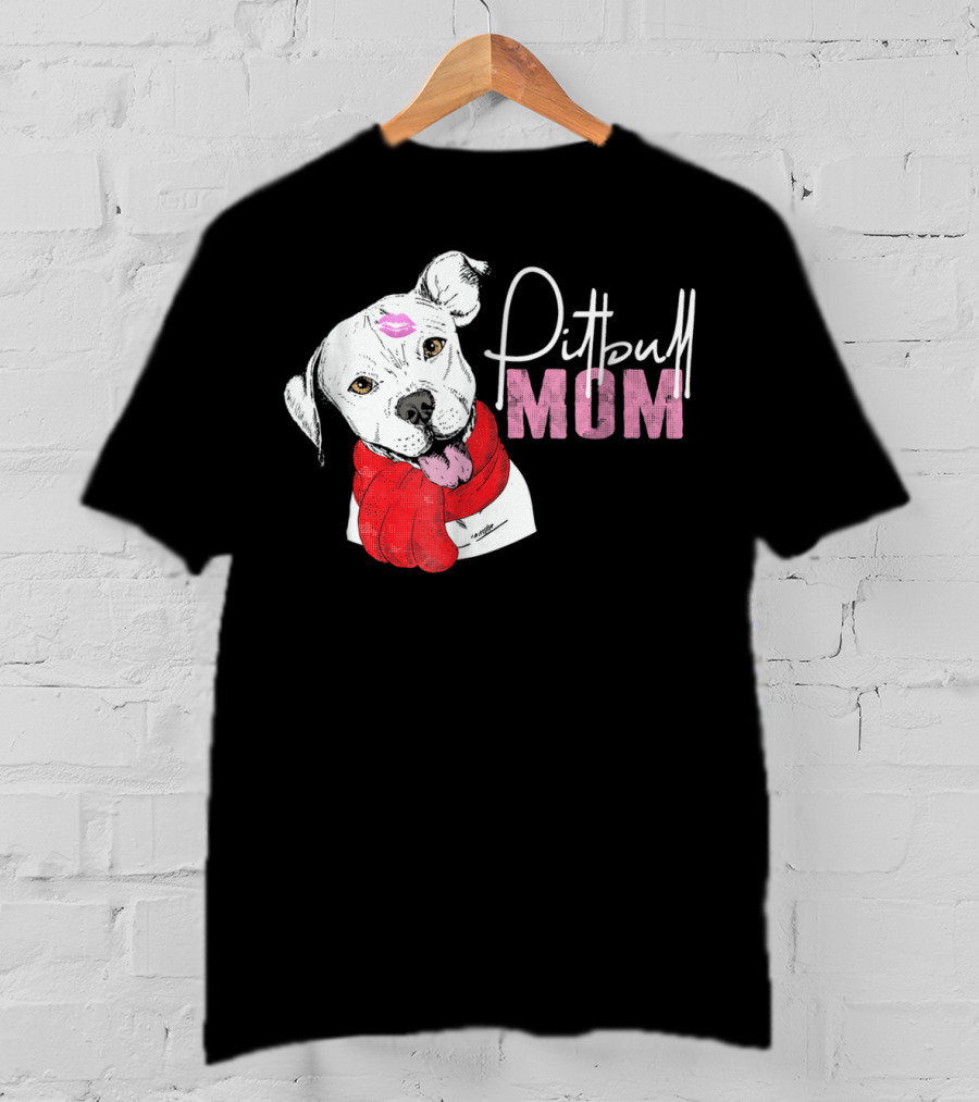 Pitbull Mom Pittie With Kissed Face And Red Scarf T-Shirt