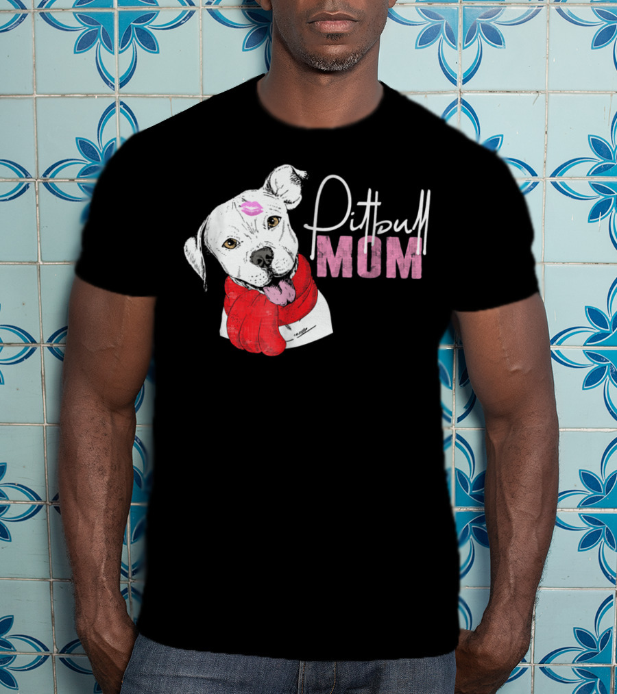 Pitbull Mom Pittie With Kissed Face And Red Scarf T-Shirt