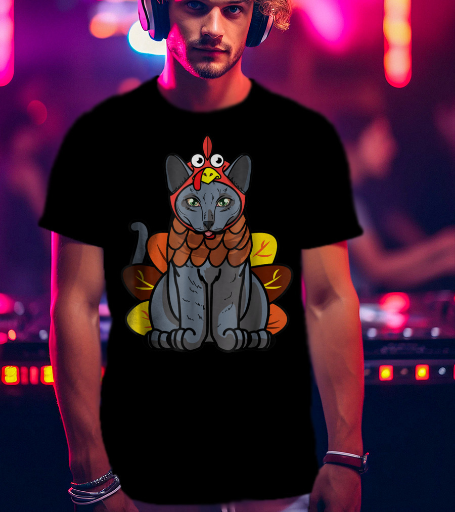 Thanksgiving Greetings Blue Cat Mom Owner With Turkey Costume T-Shirt