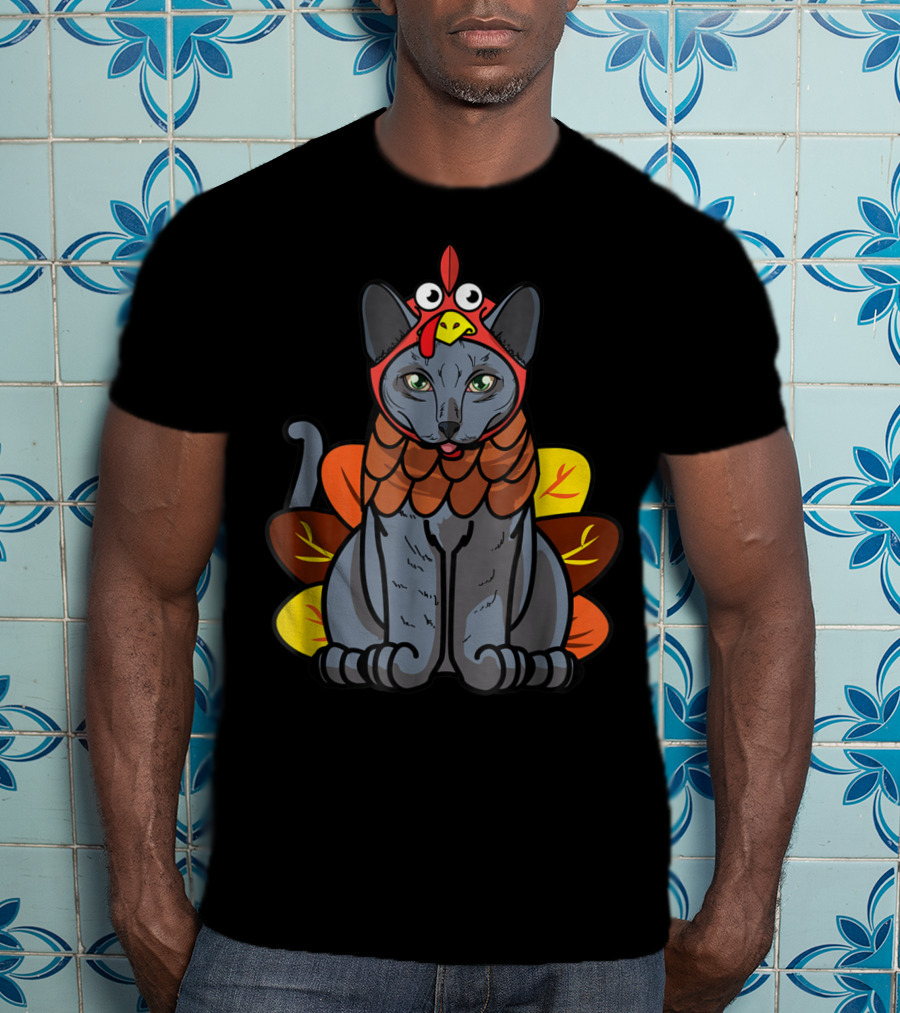 Thanksgiving Greetings Blue Cat Mom Owner With Turkey Costume T-Shirt