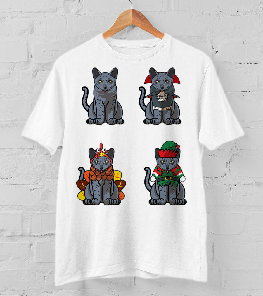 Blue Cat Halloween Thanksgiving Christmas Costumes T-Shirt
