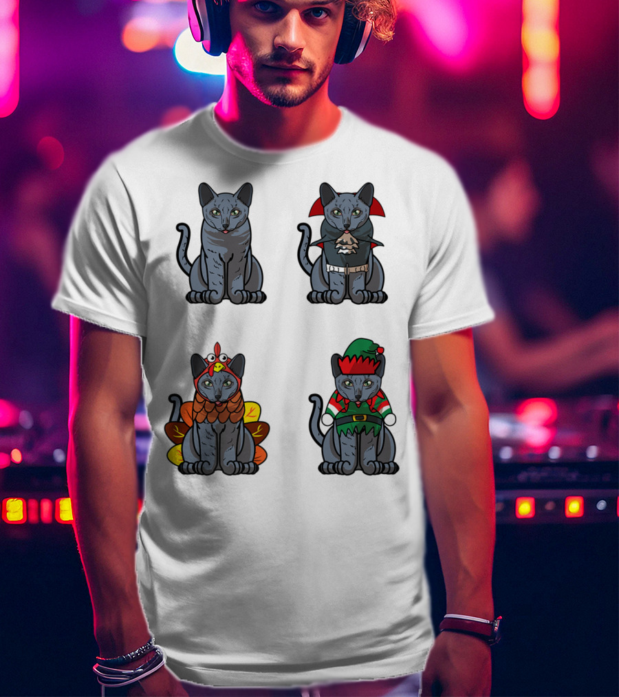 Blue Cat Halloween Thanksgiving Christmas Costumes T-Shirt