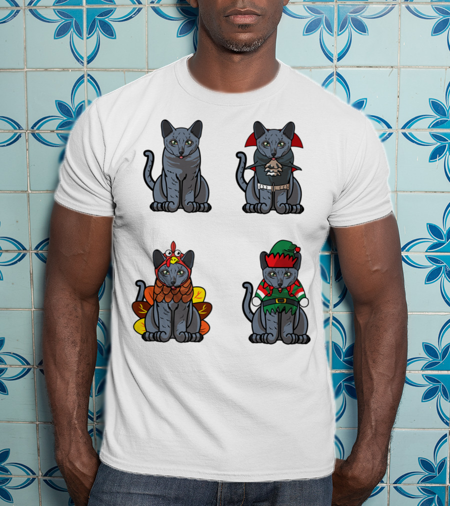 Blue Cat Halloween Thanksgiving Christmas Costumes T-Shirt