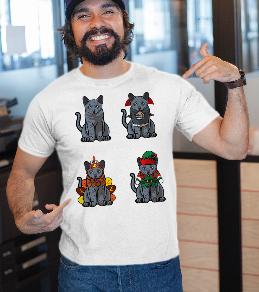 Blue Cat Halloween Thanksgiving Christmas Costumes T-Shirt