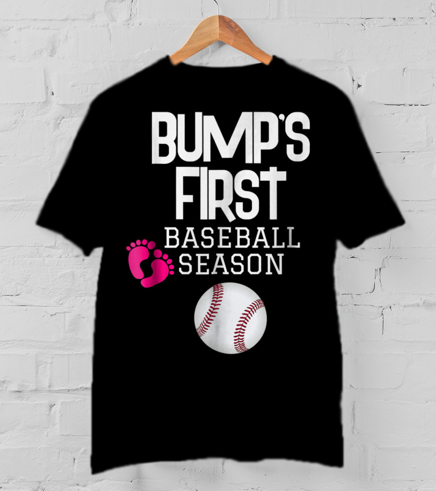 Bump's First Baseball Season New Mom To Be With Baby Footprints And Baseball T-Shirt