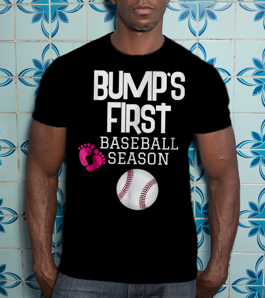 Bump's First Baseball Season New Mom To Be With Baby Footprints And Baseball T-Shirt