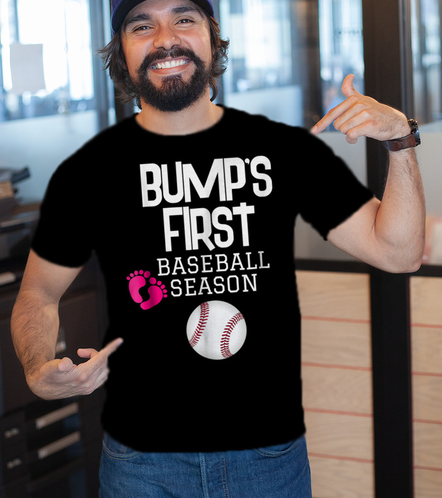 Bump's First Baseball Season New Mom To Be With Baby Footprints And Baseball T-Shirt