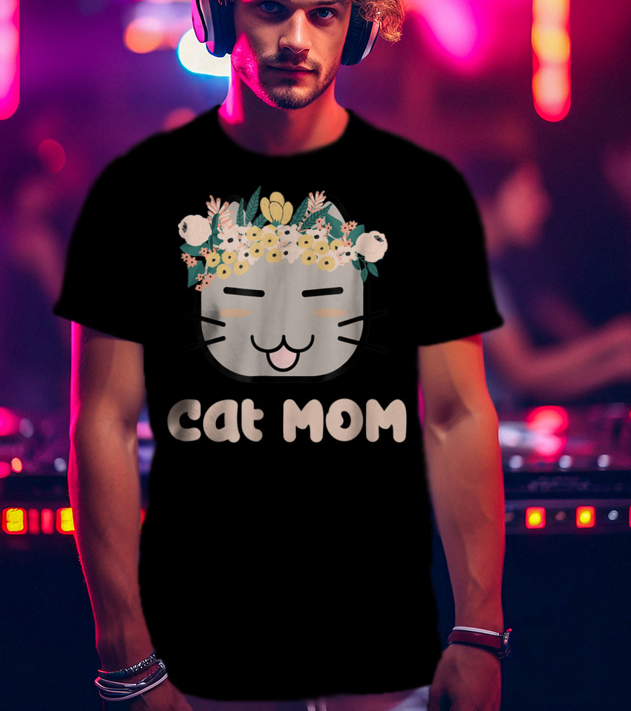 Cat Mom Floral Cat With Flower Crown T-Shirt