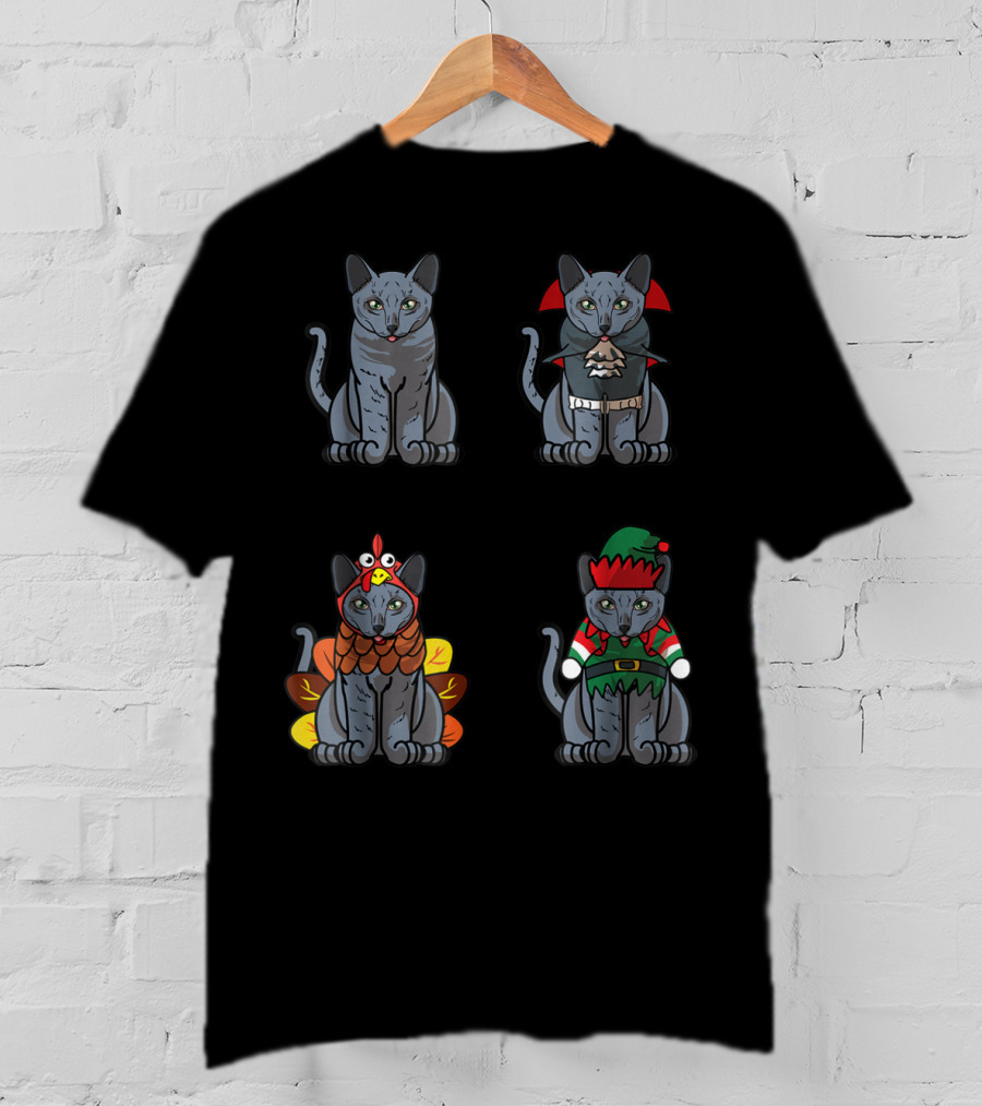 Blue Halloween Thanksgiving Christmas Cat Costume Quartet T-Shirt