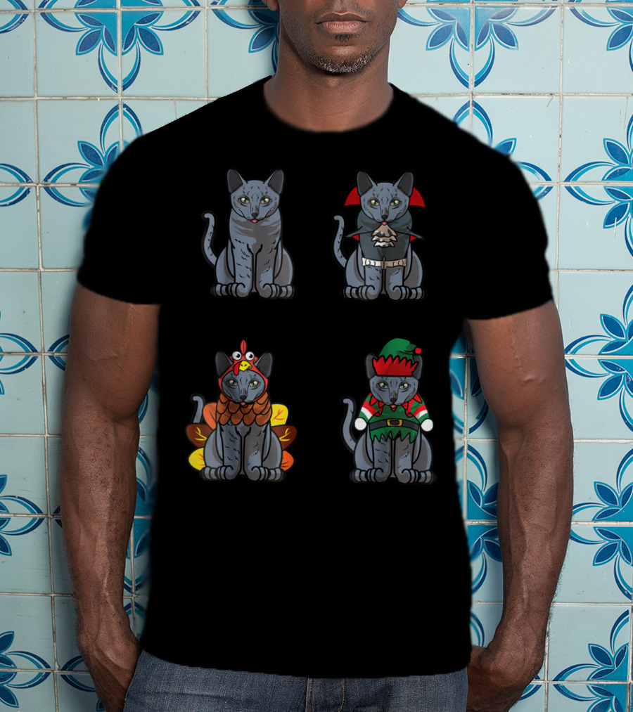 Blue Halloween Thanksgiving Christmas Cat Costume Quartet T-Shirt