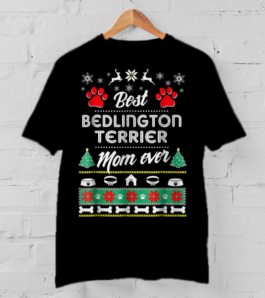 Best Bedlington Terrier Mom Ever With Christmas Reindeer And Paw Prints T-Shirt