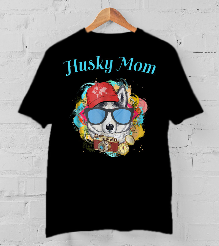 Husky Mom Dog With Red Cap And Sunglasses Surrounded By Camera T-Shirt