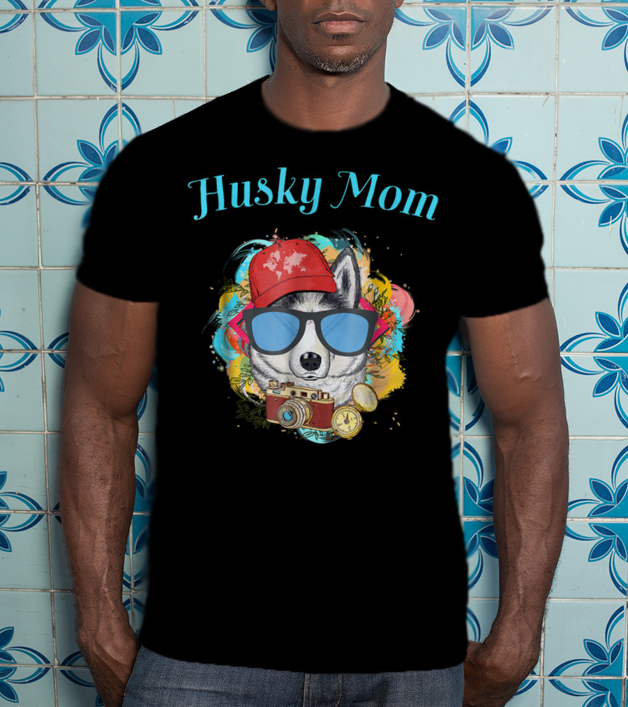 Husky Mom Dog With Red Cap And Sunglasses Surrounded By Camera T-Shirt