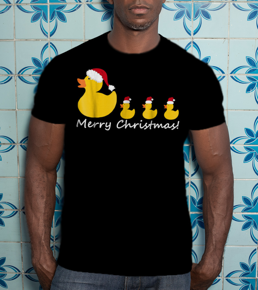 Merry Christmas Rubber Duck Family Santa Hat Mom Of Three T-Shirt