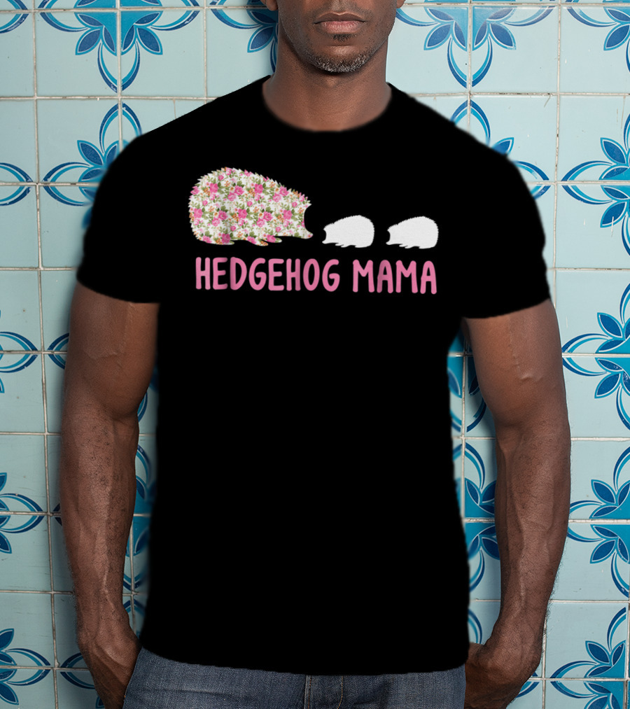 Hedgehog Mama With Floral Pattern And Babies T-Shirt
