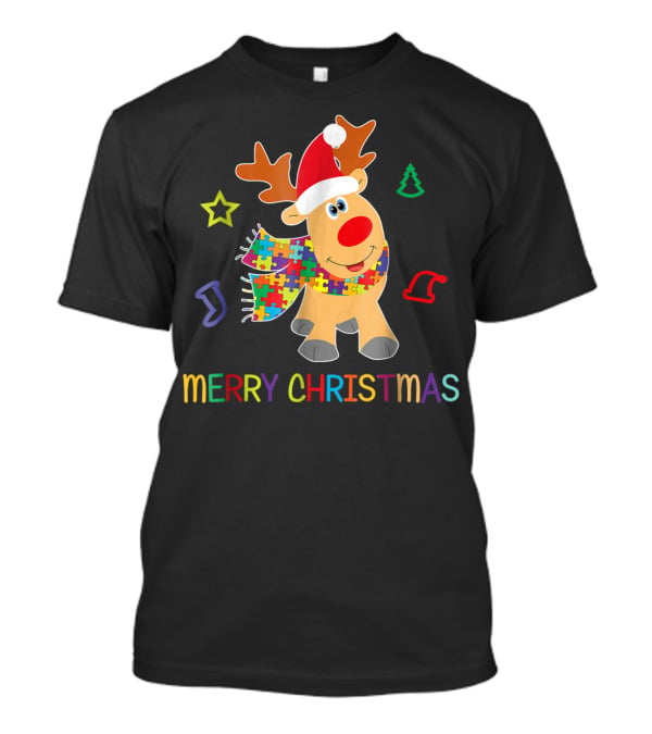 Merry Christmas Autism Awareness Reindeer Puzzle Scarf Holiday Kids 65 T-Shirt