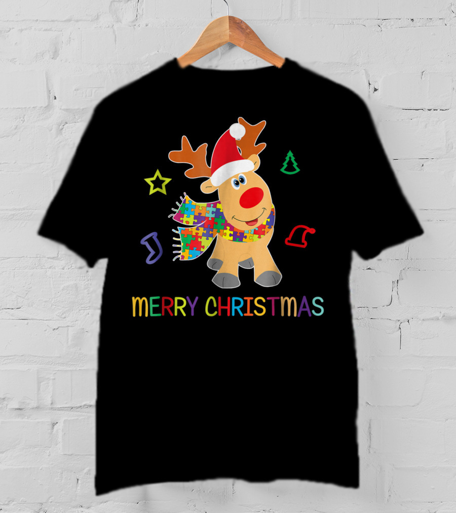Merry Christmas Autism Awareness Reindeer Puzzle Scarf Holiday Kids 65 T-Shirt