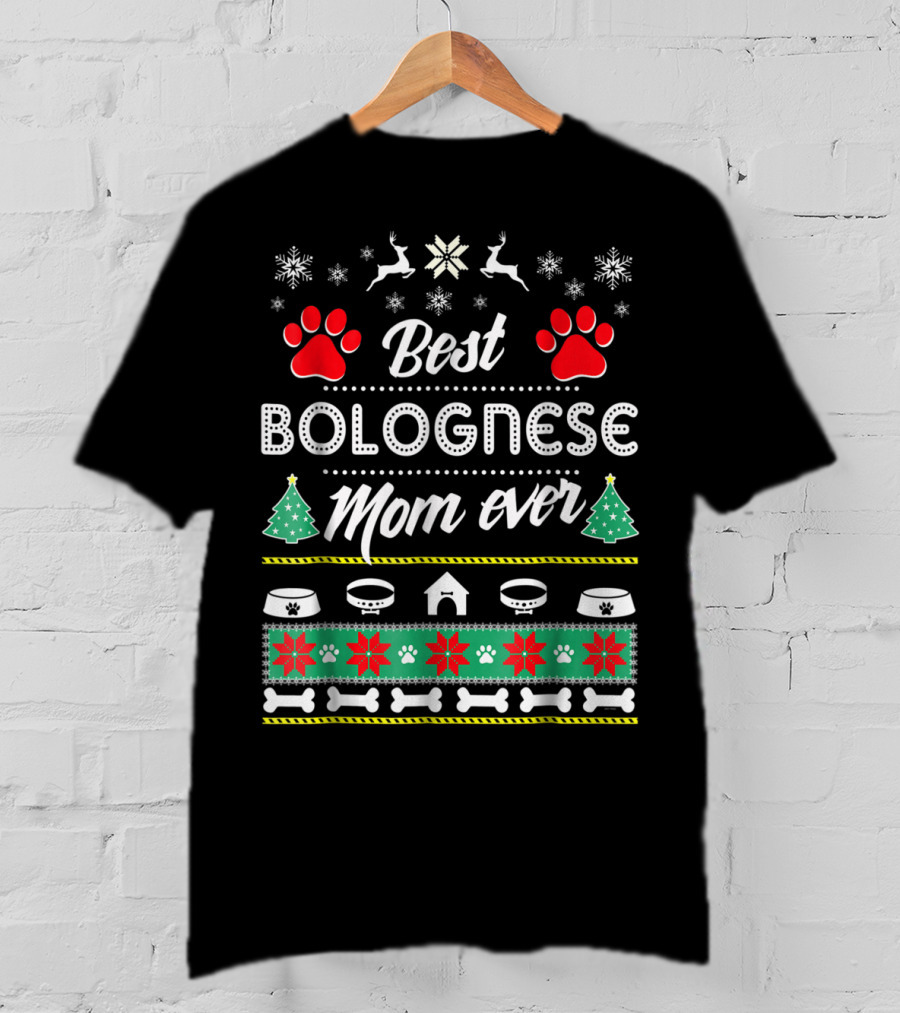 Best Bolognese Mom Ever Christmas Paw Print Snowflakes Trees T-Shirt