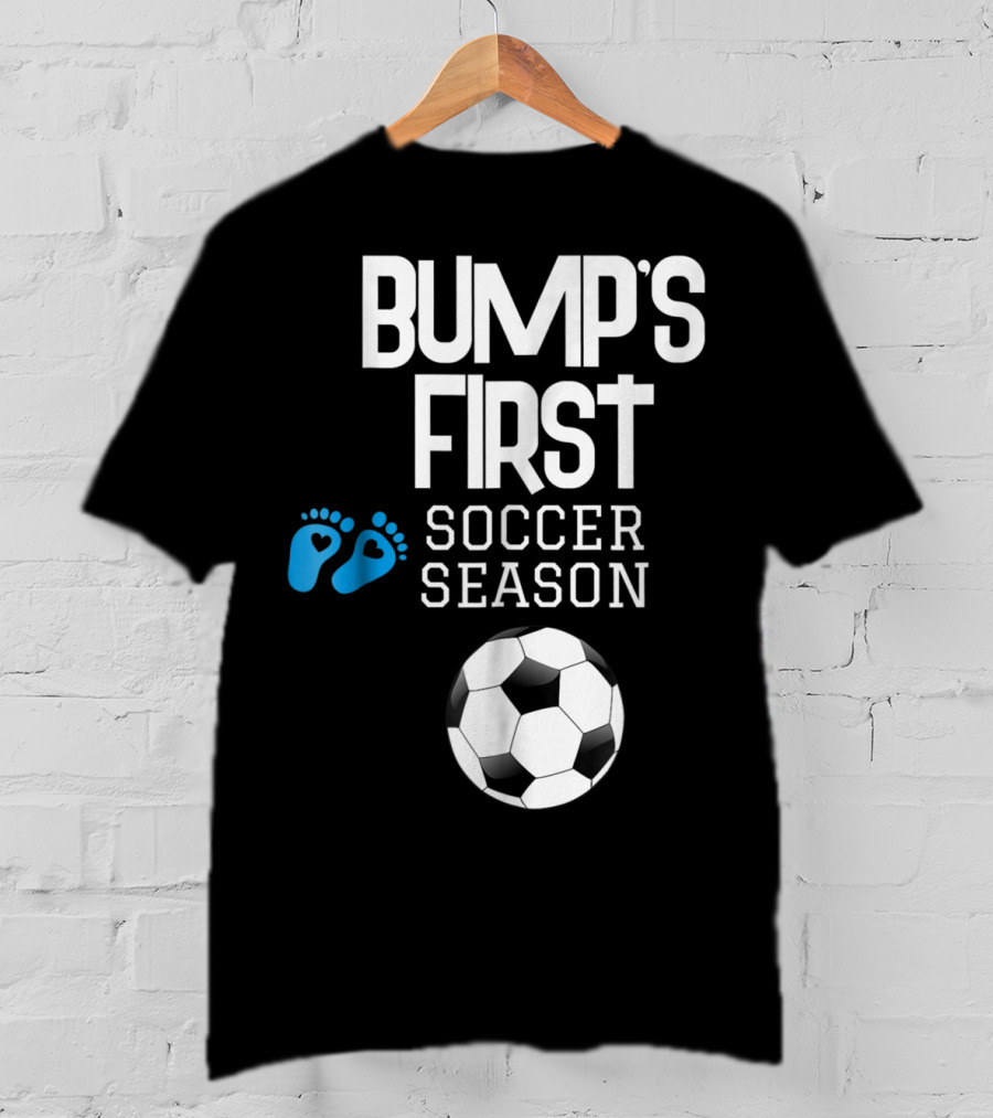 Bump's First Soccer Season New Mom To Be With Baby Footprints And Soccer Ball T-Shirt