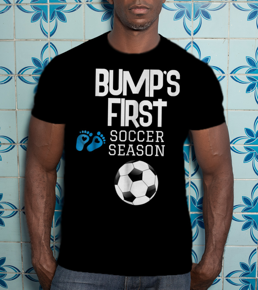 Bump's First Soccer Season New Mom To Be With Baby Footprints And Soccer Ball T-Shirt