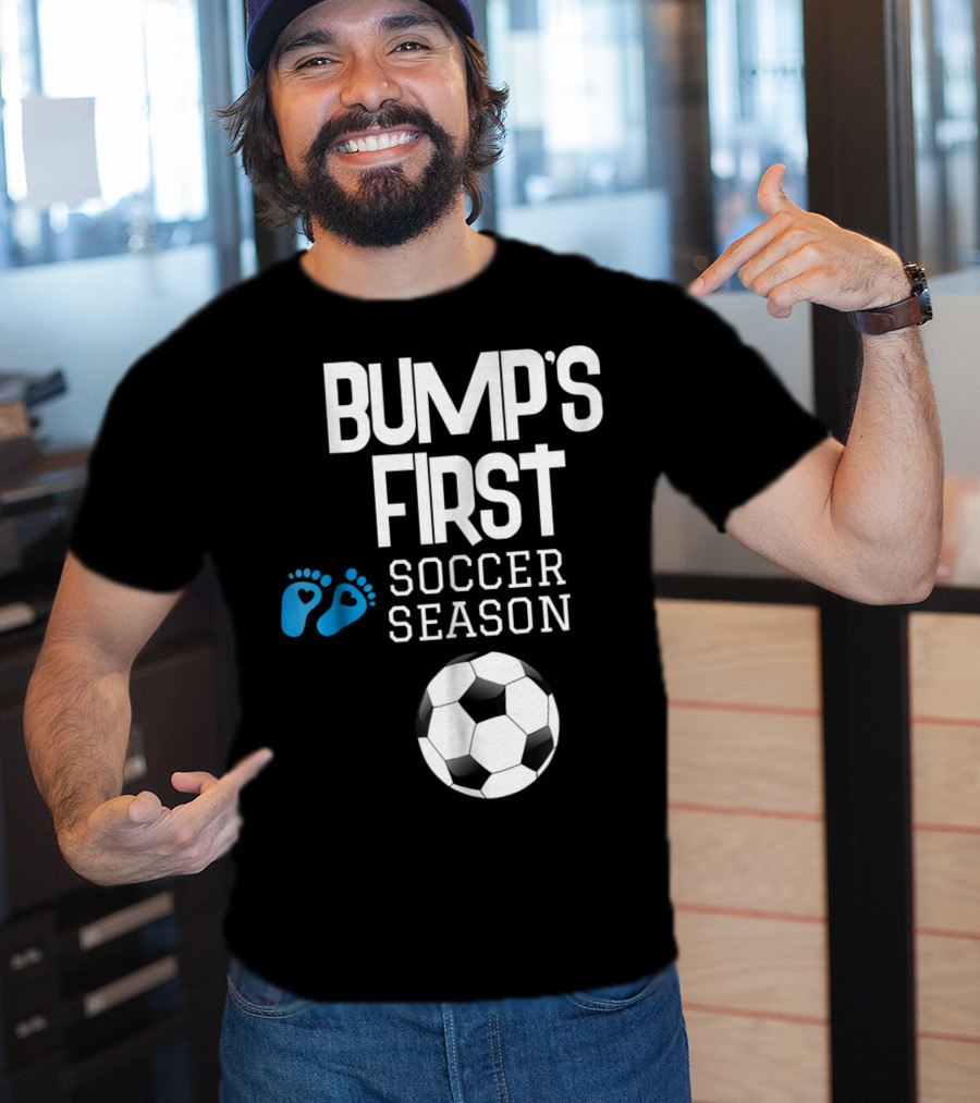 Bump's First Soccer Season New Mom To Be With Baby Footprints And Soccer Ball T-Shirt