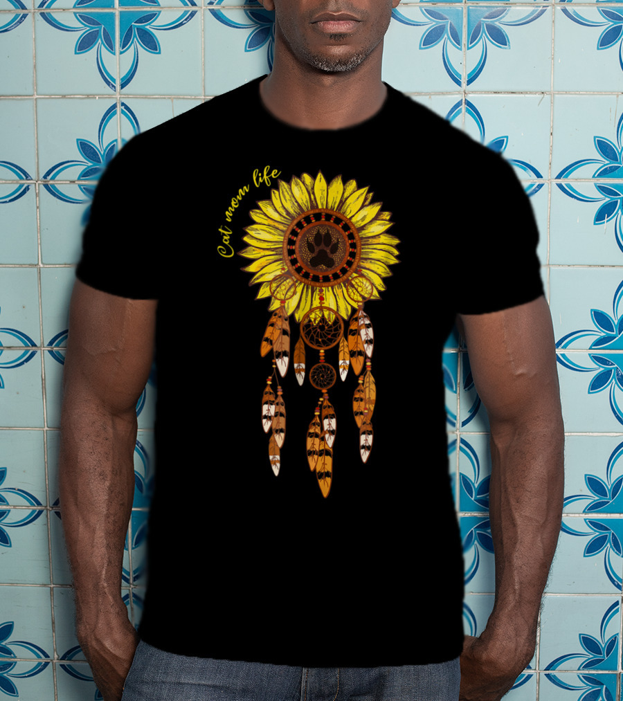 Cat Mom Life Sunflower Dreamcatcher Pawprint Hippie Girl T-Shirt