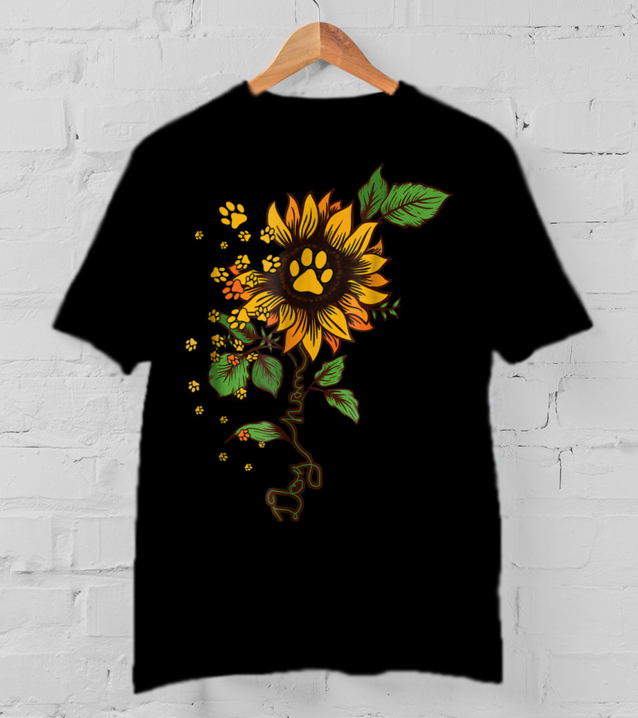 Dog Mom Paw Print Sunflower With Leaves T-Shirt