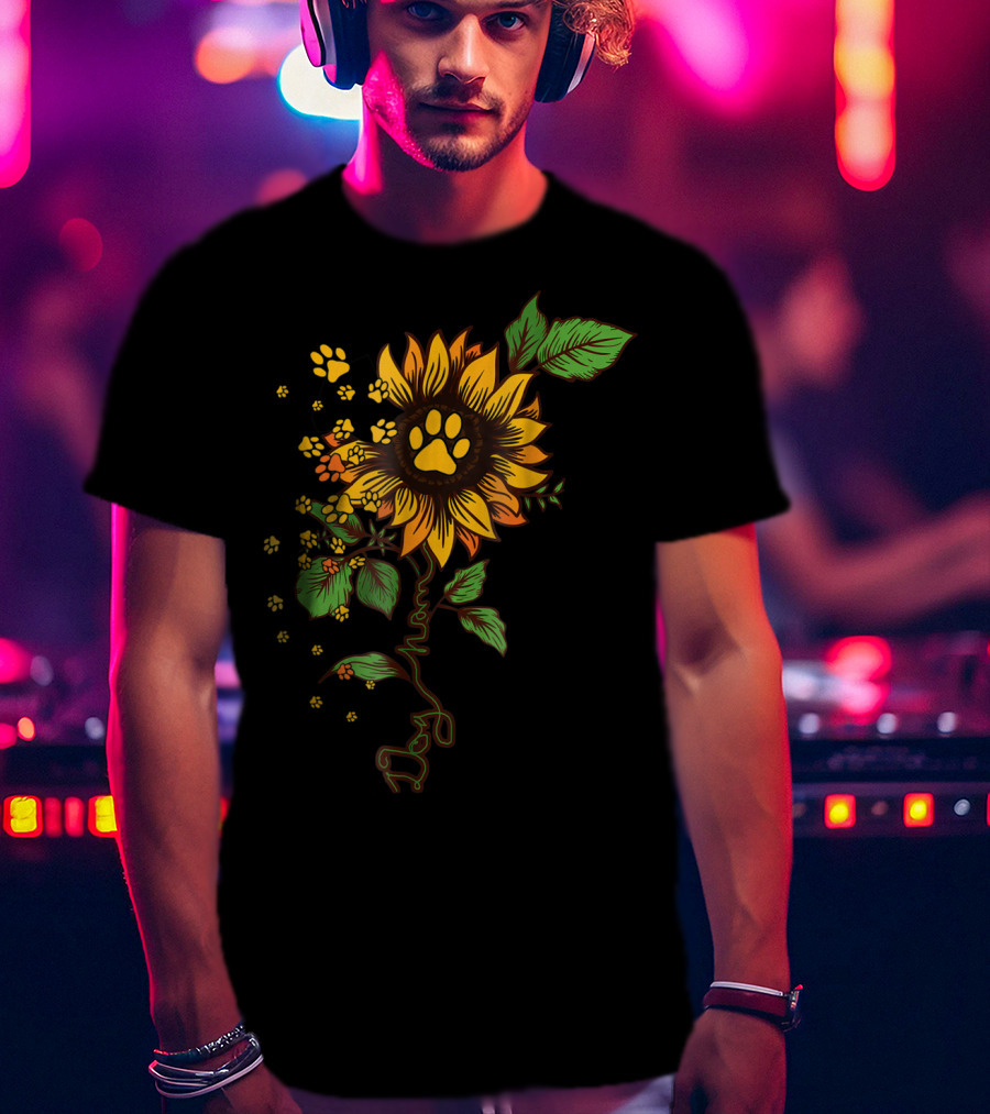 Dog Mom Paw Print Sunflower With Leaves T-Shirt