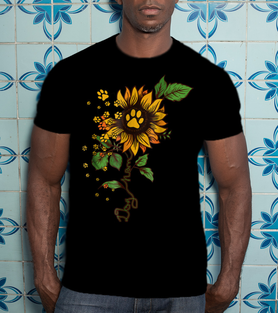 Dog Mom Paw Print Sunflower With Leaves T-Shirt