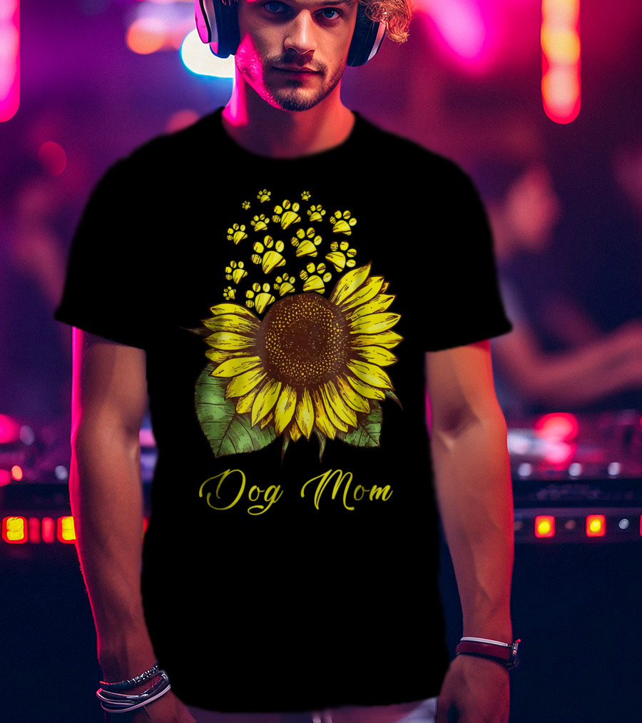 Dog Mom Sunflower With Paw Print Accents T-Shirt