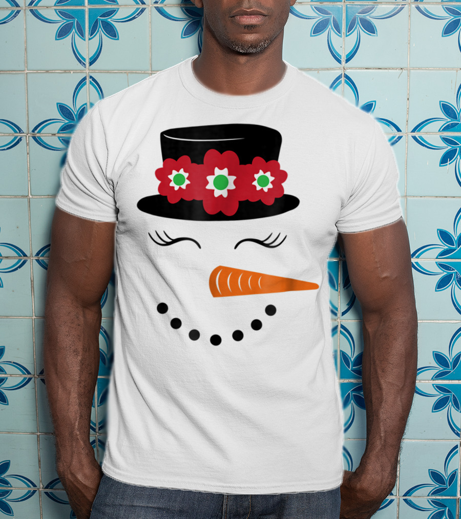 Family Christmas Card Snowman Woman With Hat And Flowers Mom Girl25 T-Shirt