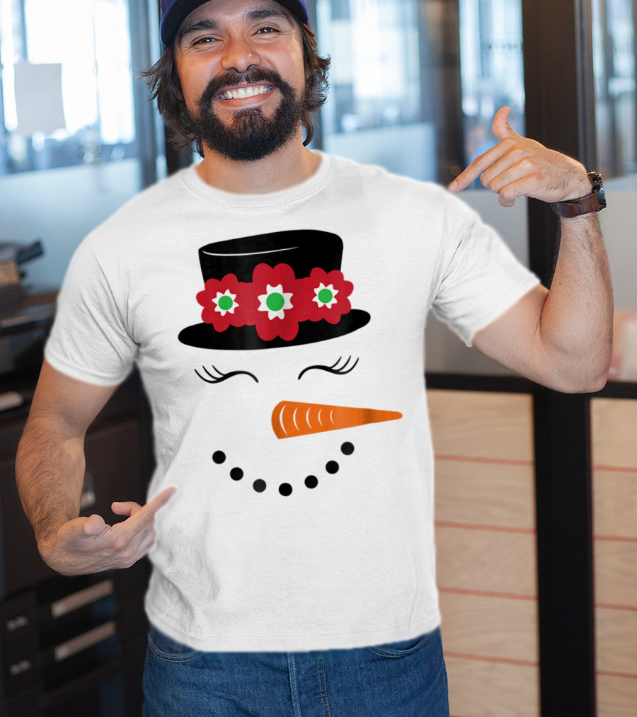 Family Christmas Card Snowman Woman With Hat And Flowers Mom Girl25 T-Shirt