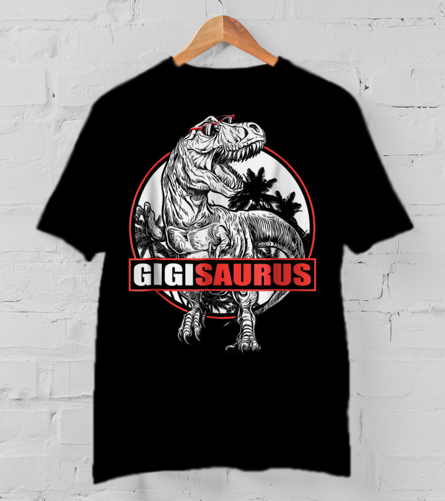 GigiSaurus Dinosaur Gigi Saurus T-Rex Palm Trees Red Glasses Circle T-Shirt
