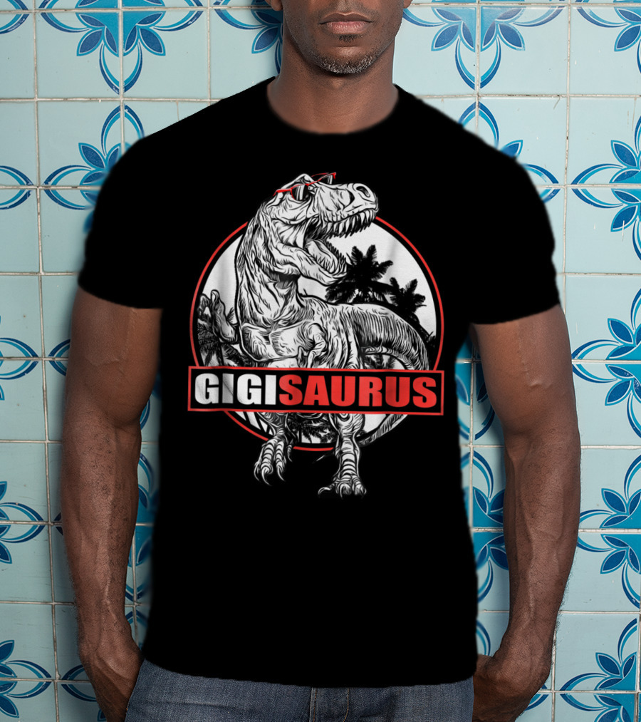 GigiSaurus Dinosaur Gigi Saurus T-Rex Palm Trees Red Glasses Circle T-Shirt