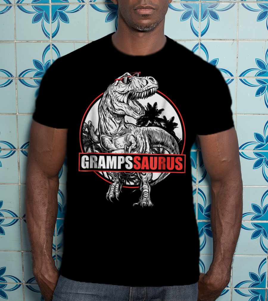 GrampsSaurus Dinosaur Gramps Saurus With Cool Sunglasses And Jungle Background T-Shirt