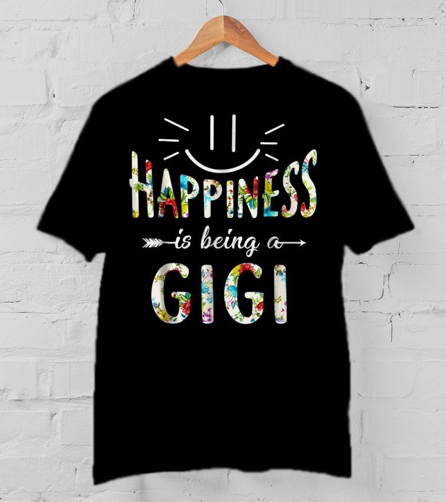 Happiness Is Being A Gigi Floral Pattern Smiley Face T-Shirt