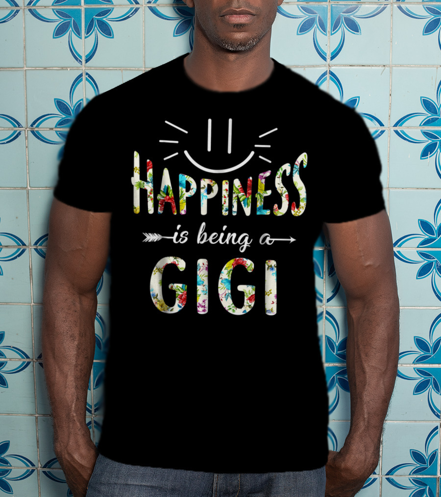 Happiness Is Being A Gigi Floral Pattern Smiley Face T-Shirt