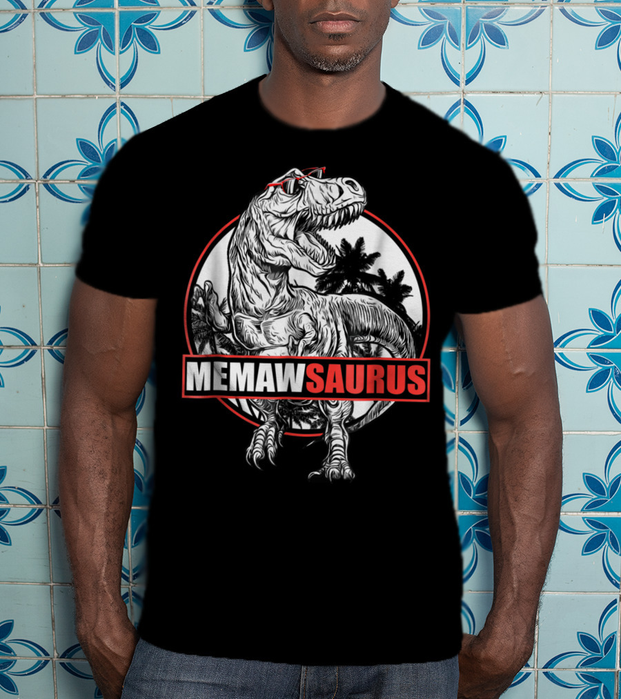 MemawSaurus Dinosaur With Sunglasses Black And Red Outline T-Shirt