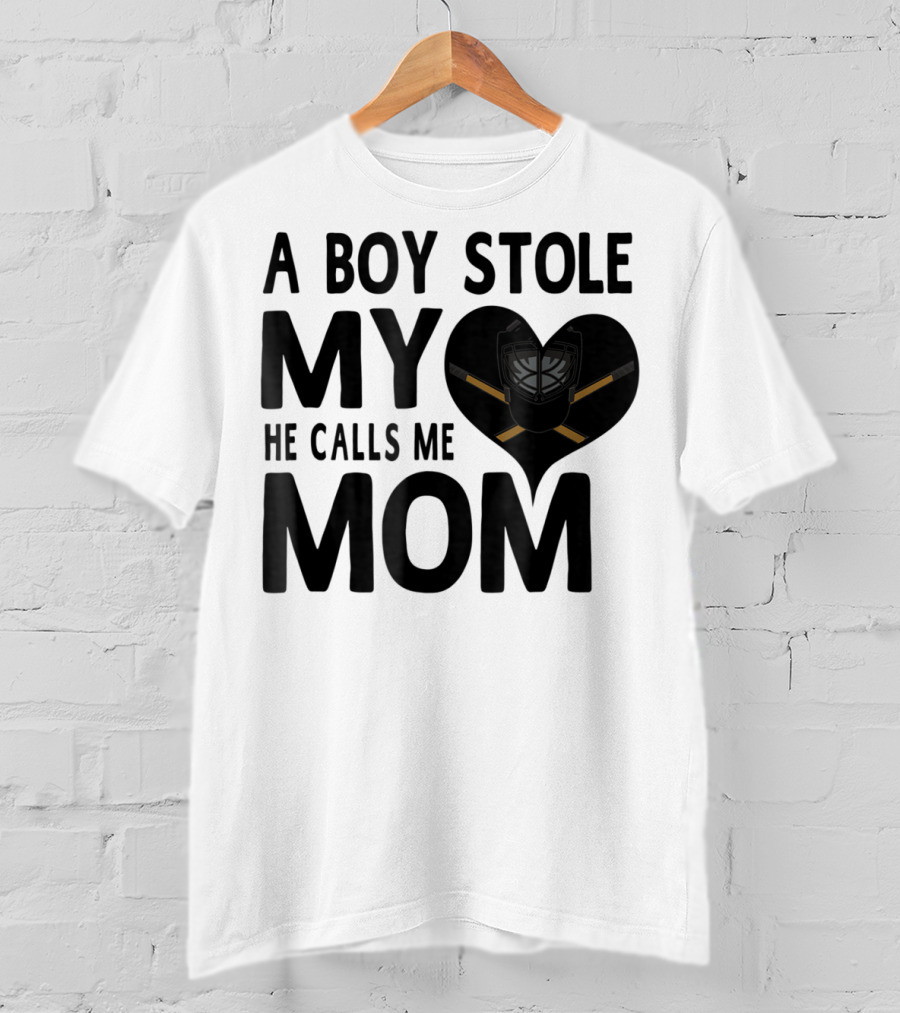 A Boy Stole My Heart He Calls Me Mom Hockey Heart Mask T-Shirt