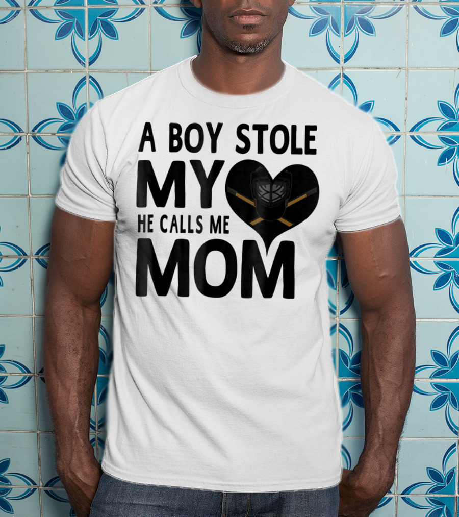 A Boy Stole My Heart He Calls Me Mom Hockey Heart Mask T-Shirt