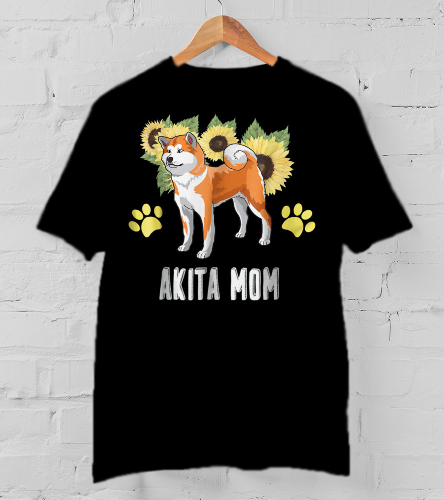 Akita Mom Sunflower With Paw Print Elements T-Shirt