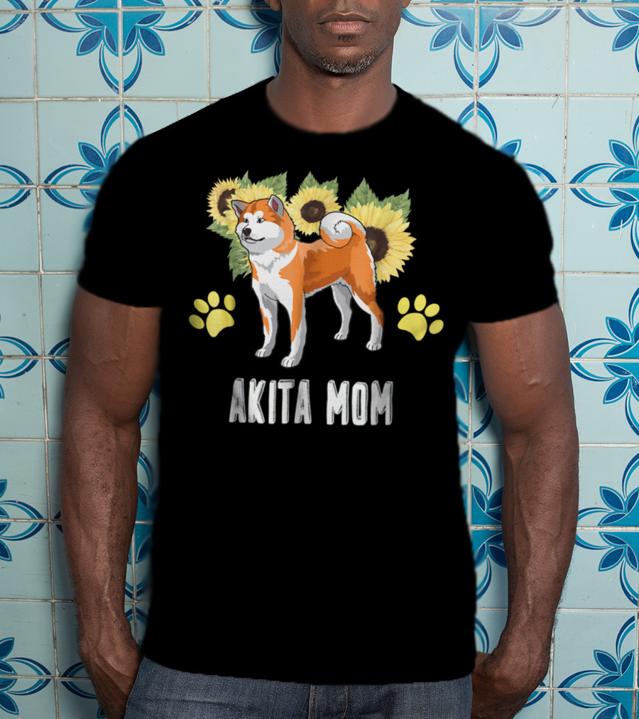 Akita Mom Sunflower With Paw Print Elements T-Shirt