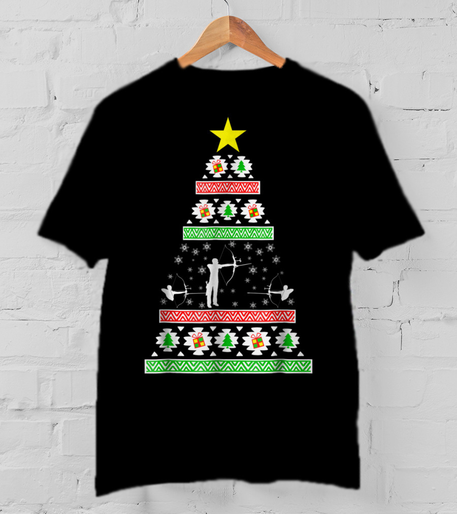 Archery Ugly Christmas Dad98 Tree Pattern With Star And Gifts T-Shirt