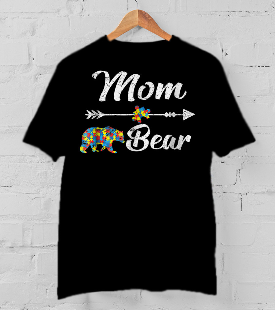 Mom Bear Arrow Heart Autism Awareness T-Shirt