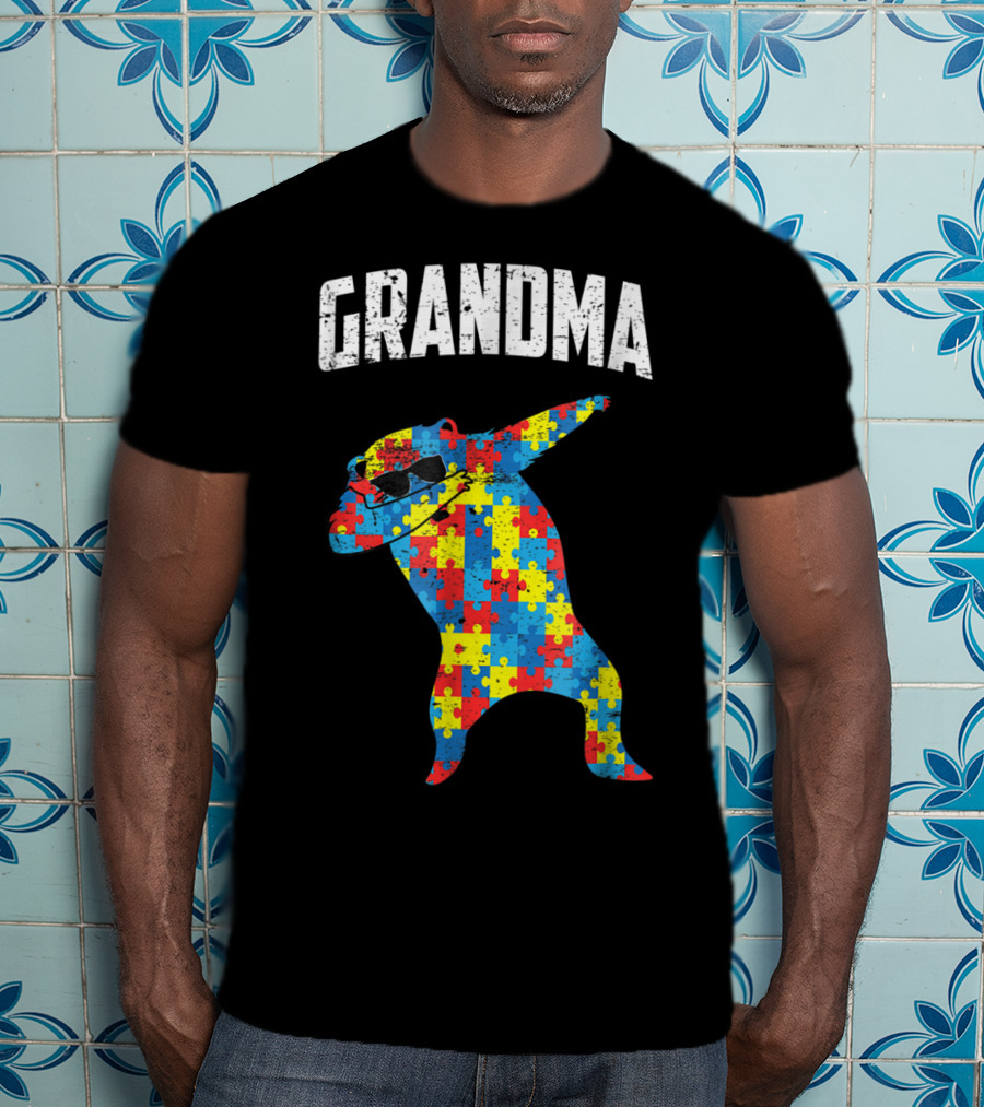 Dabbing Autism Puzzle Bear With Glasses Grandma T-Shirt