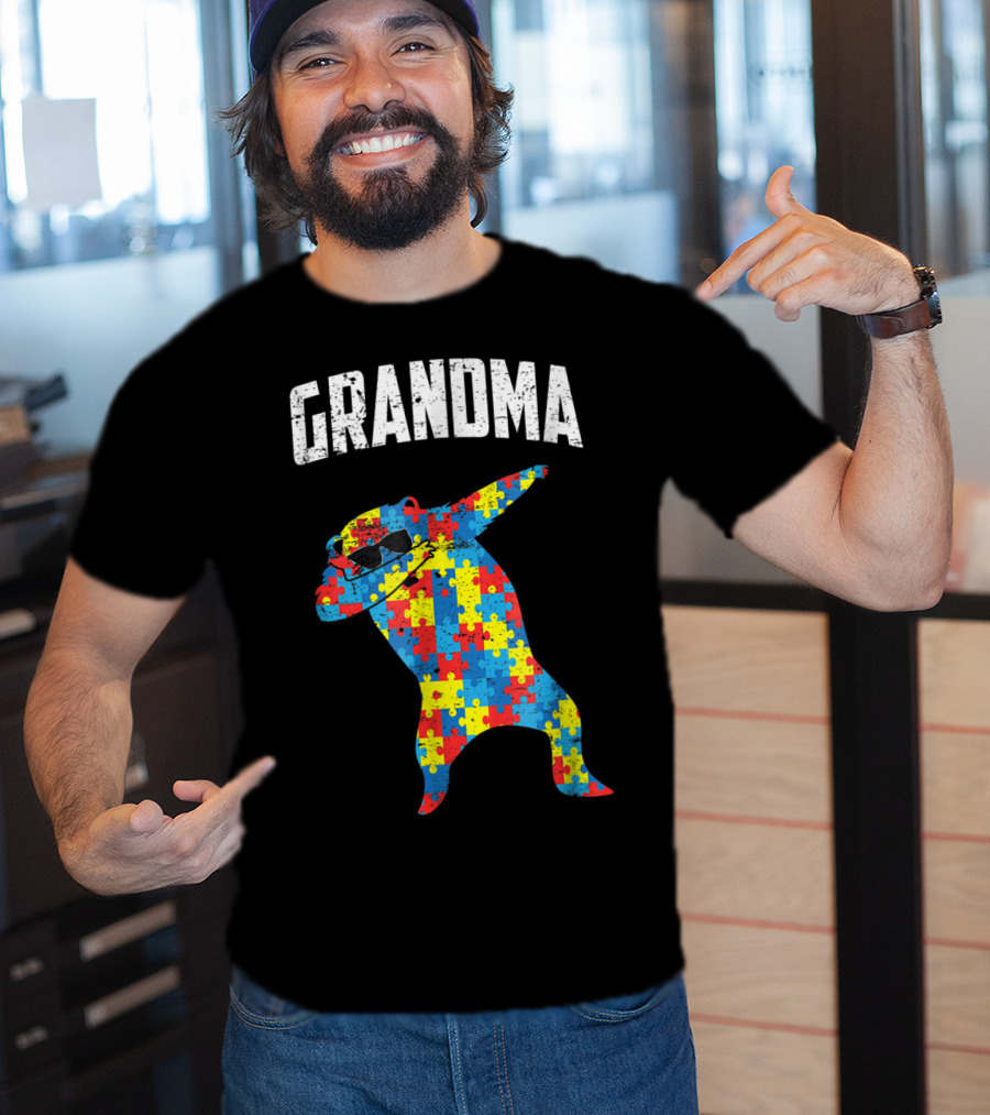 Dabbing Autism Puzzle Bear With Glasses Grandma T-Shirt