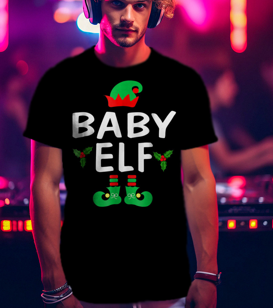 BABY ELF Christmas Green Hat Holly Boots T-Shirt